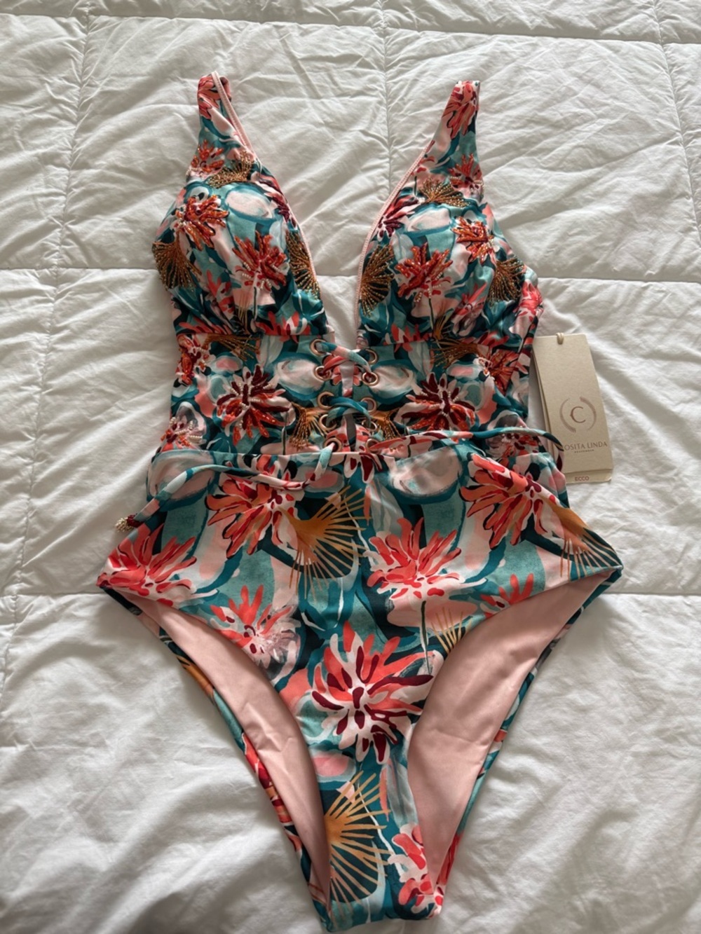 NWT Cosita Linda Embroidered and Beaded One Piece Size Small - Picture 5 of 9